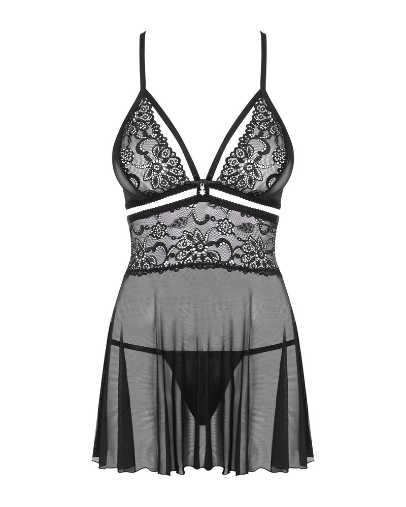 838-Bab-1 Babydoll Ze Stringami Czarny Obsessive